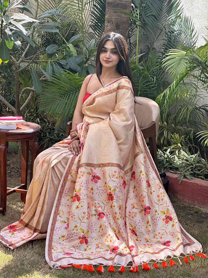 Peach Floral Printed Soft Silk Saree with Woven Gold Border