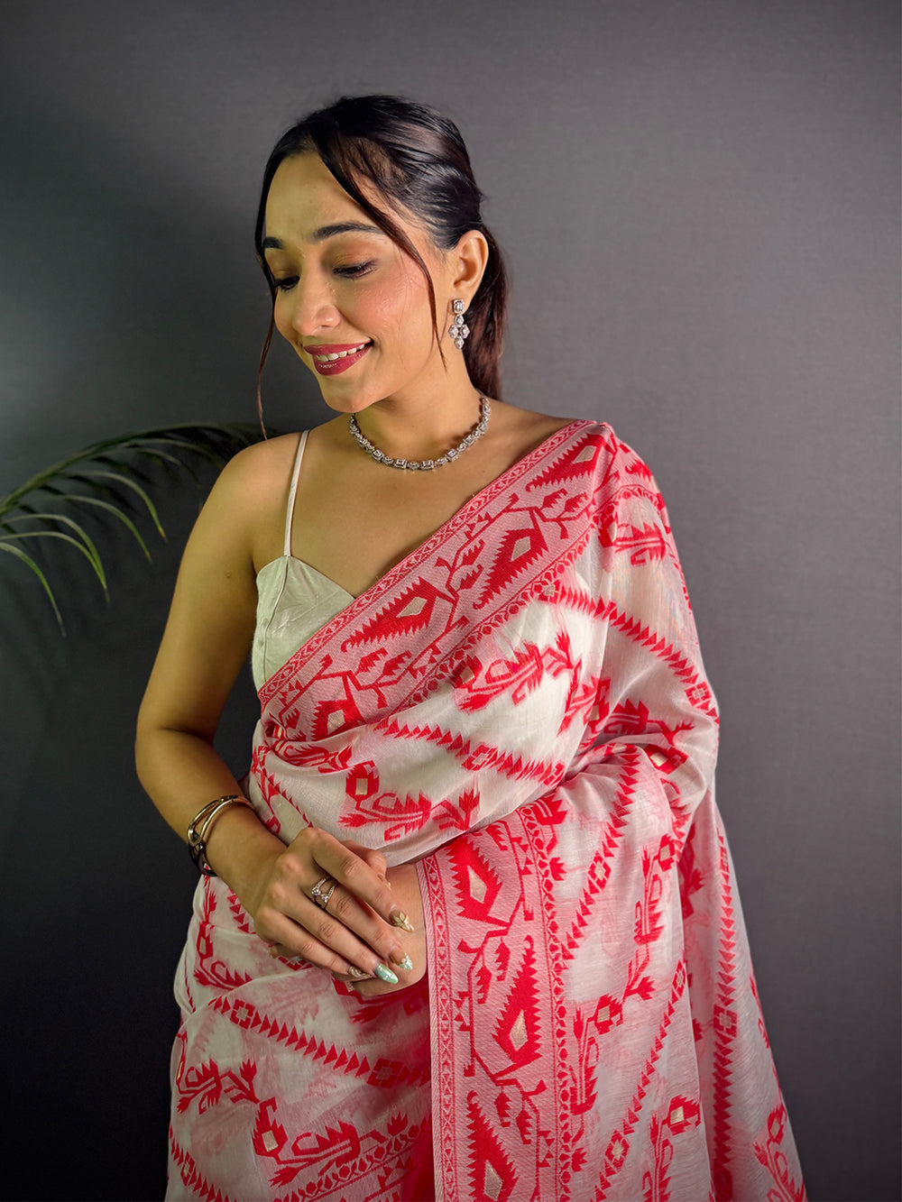 Elegant White & Red Printed Soft Cotton Saree with Tassel Border