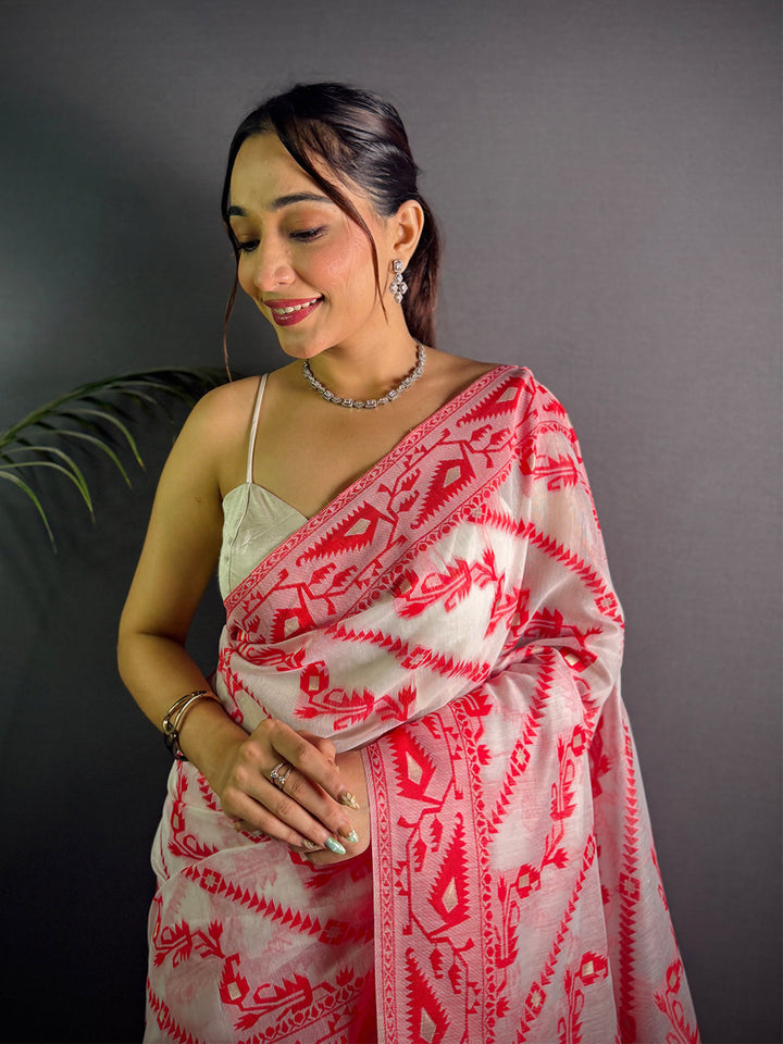 Elegant White & Red Printed Soft Cotton Saree with Tassel Border