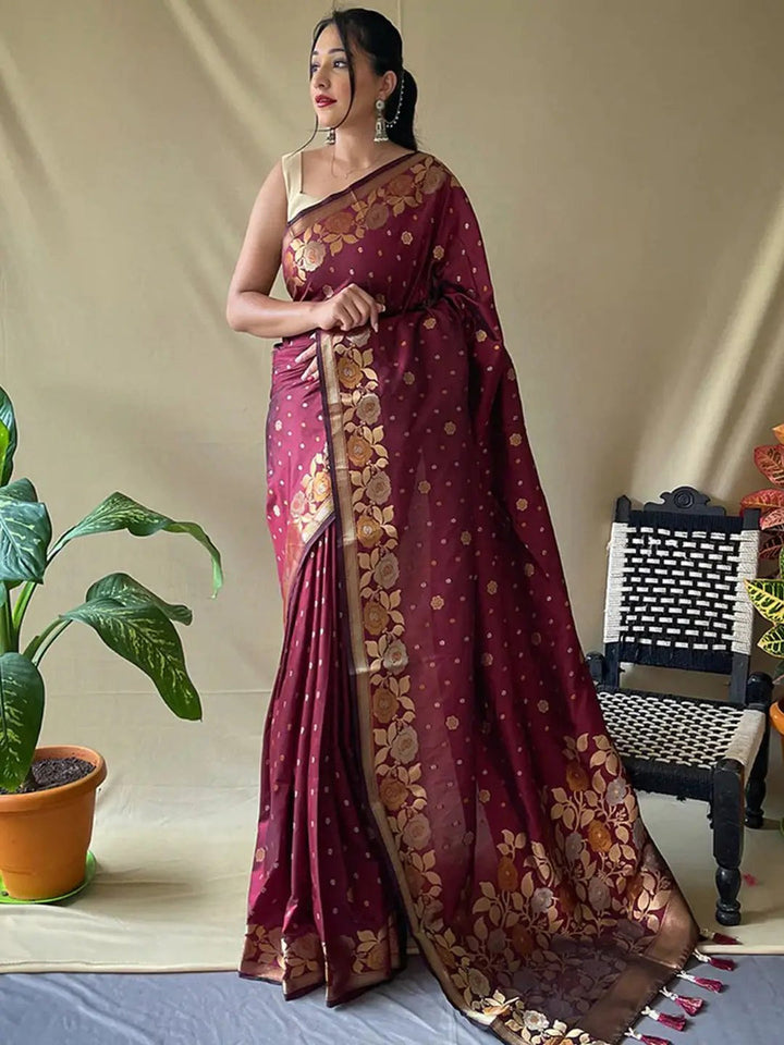 Maroon Banarasi Silk Saree with Golden Floral Zari Work & Tassel Pallu