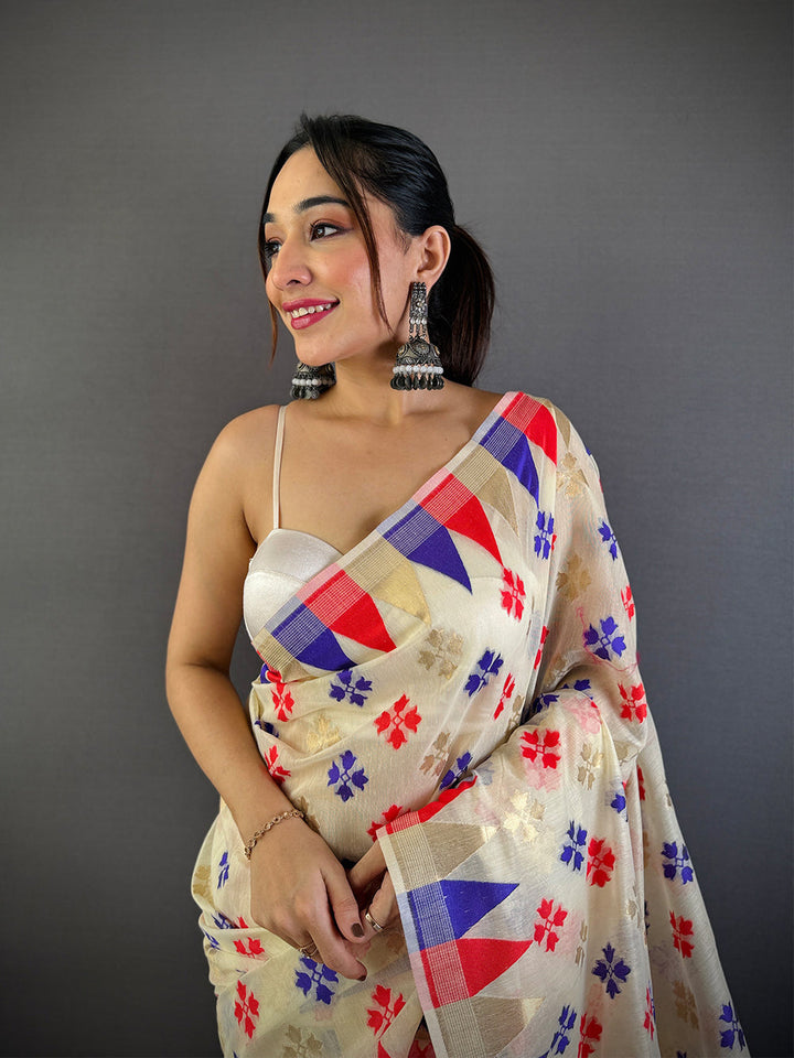 Cream Soft Cotton Saree with Multicolor Geometric Pallu & Floral Print