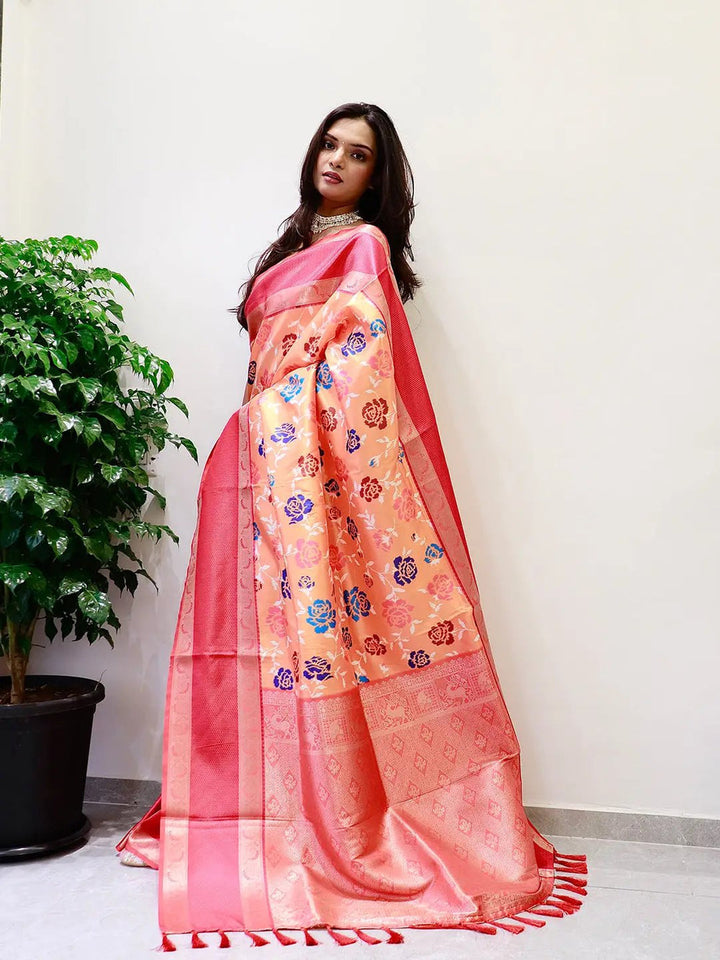 Orange Floral Silk Saree with Red Zari Border & Designer Pallu