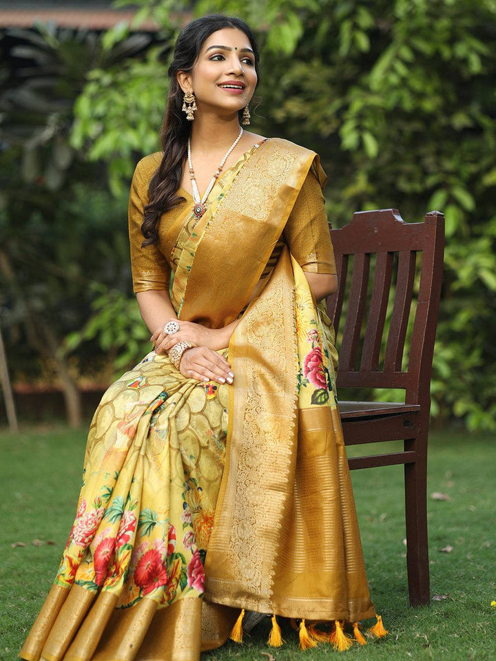 Golden Kanjivaram Silk Saree with Floral Print & Rich Zari Border