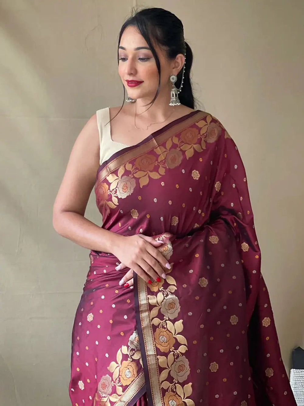 Maroon Banarasi Silk Saree with Golden Floral Zari Work & Tassel Pallu
