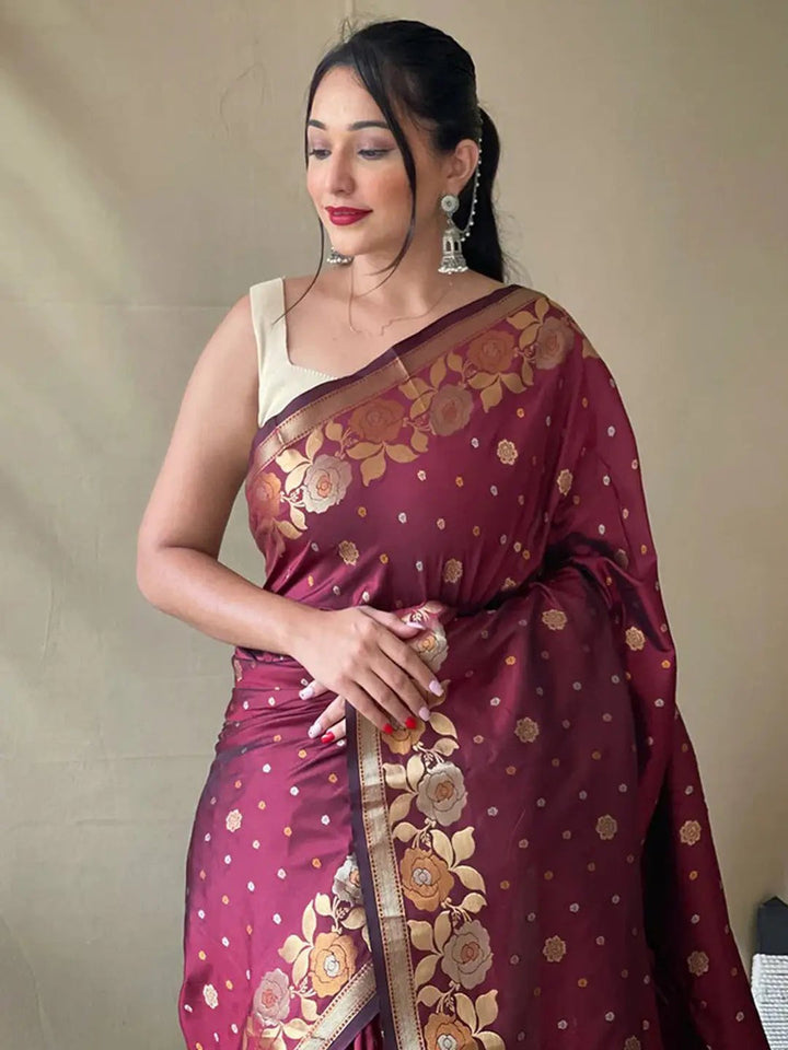 Maroon Banarasi Silk Saree with Golden Floral Zari Work & Tassel Pallu