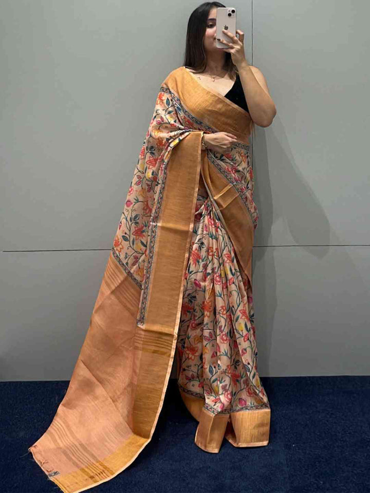 Peach Floral Printed Organza Silk Saree with Woven Zari Border