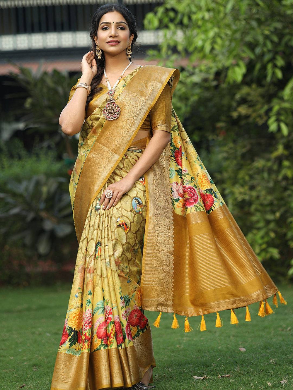 Golden Kanjivaram Silk Saree with Floral Print & Rich Zari Border