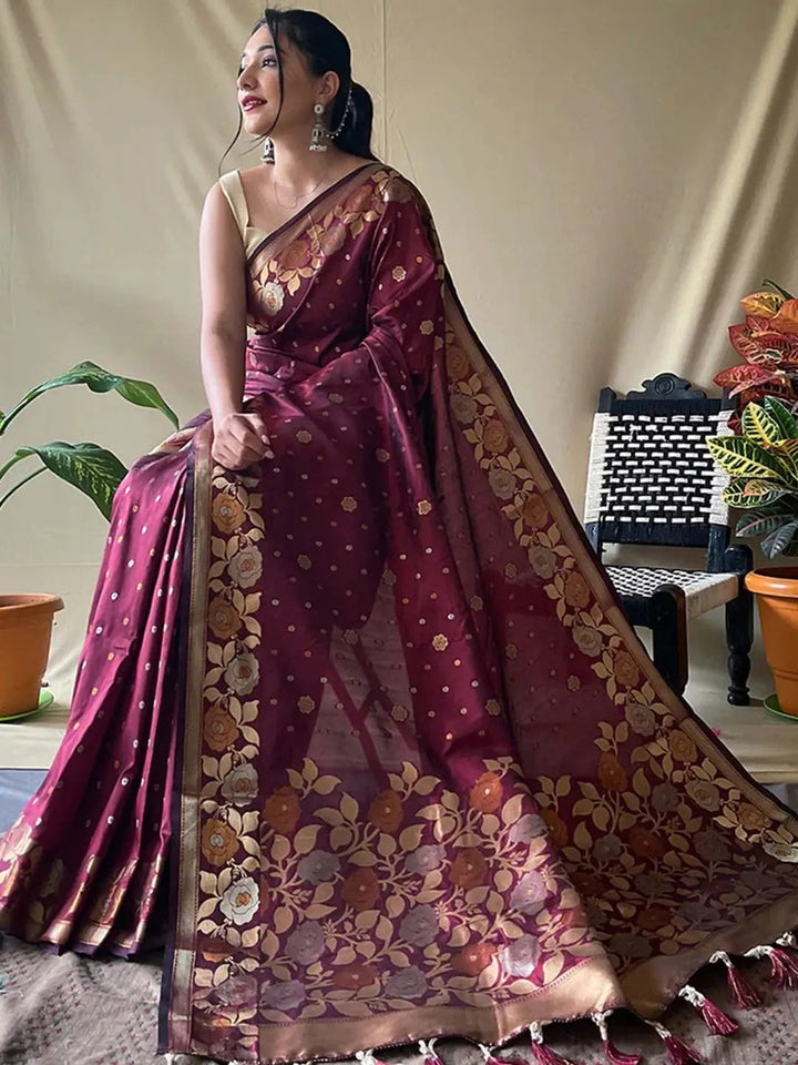 Maroon Banarasi Silk Saree with Golden Floral Zari Work & Tassel Pallu