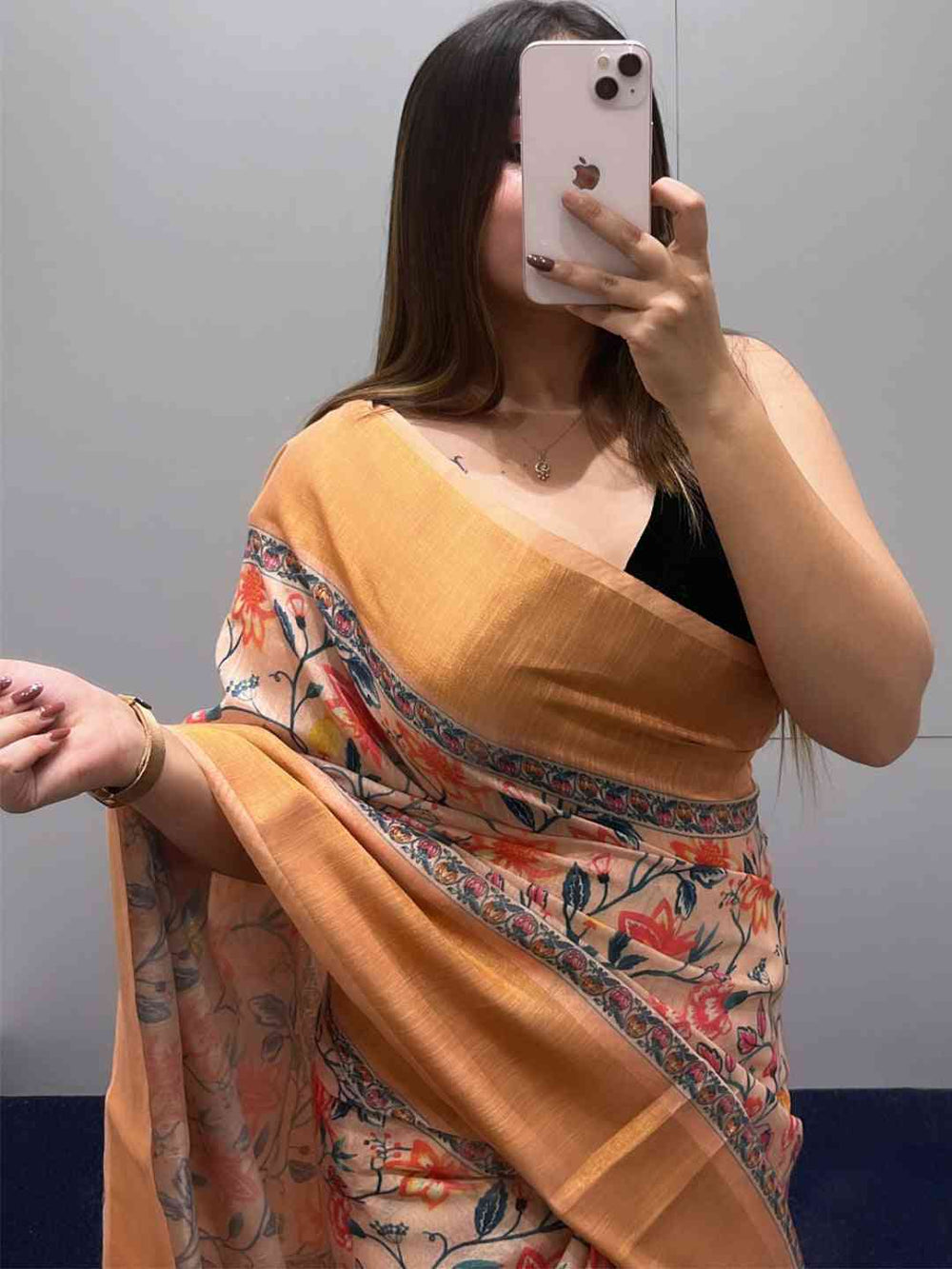 Peach Floral Printed Organza Silk Saree with Woven Zari Border