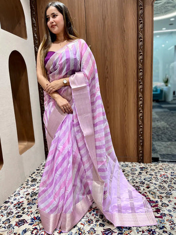 Pastel Pink & Lavender Striped Soft Silk Saree with Woven Zari Border