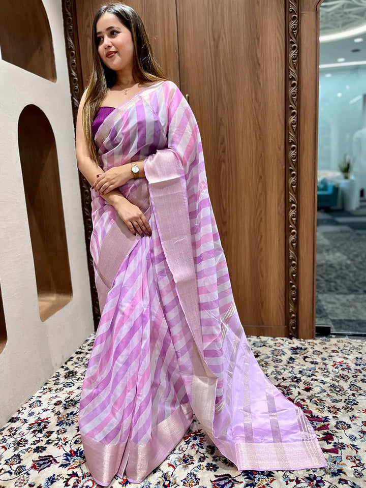 Pastel Pink & Lavender Striped Soft Silk Saree with Woven Zari Border