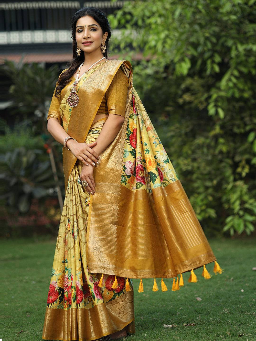 Golden Kanjivaram Silk Saree with Floral Print & Rich Zari Border