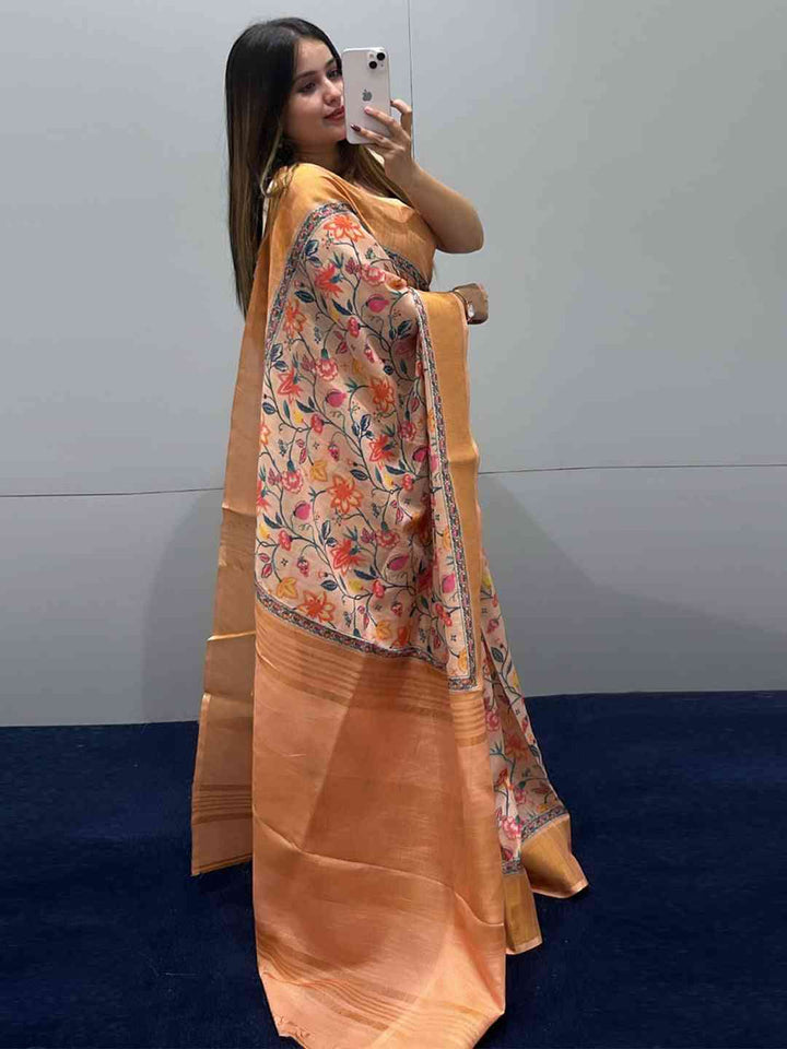 Peach Floral Printed Organza Silk Saree with Woven Zari Border