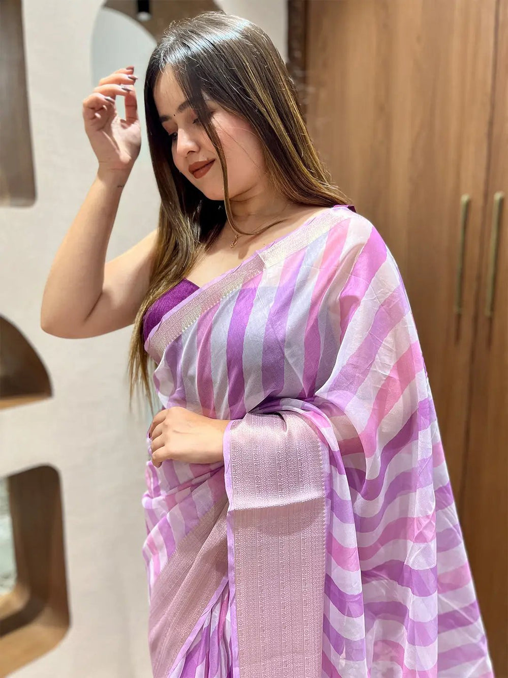 Pastel Pink & Lavender Striped Soft Silk Saree with Woven Zari Border