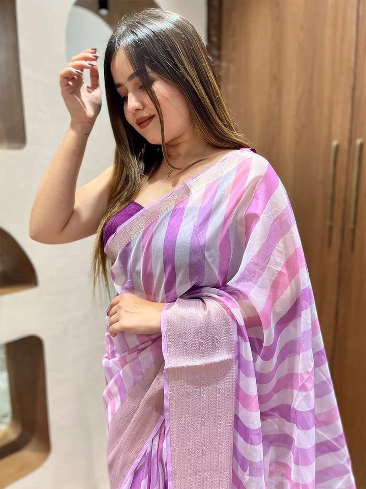 Pastel Pink & Lavender Striped Soft Silk Saree with Woven Zari Border