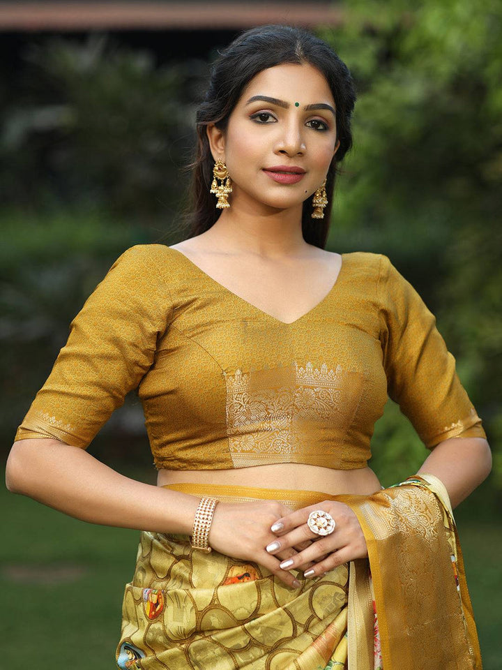 Golden Kanjivaram Silk Saree with Floral Print & Rich Zari Border