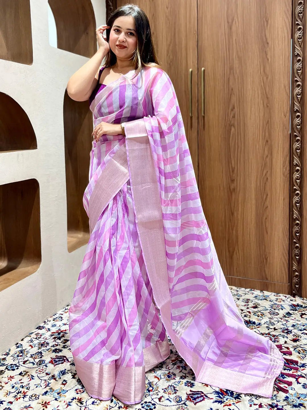 Pastel Pink & Lavender Striped Soft Silk Saree with Woven Zari Border
