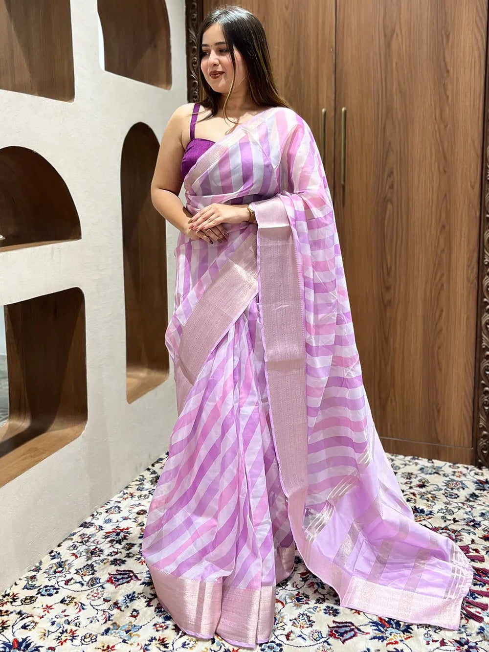 Pastel Pink & Lavender Striped Soft Silk Saree with Woven Zari Border