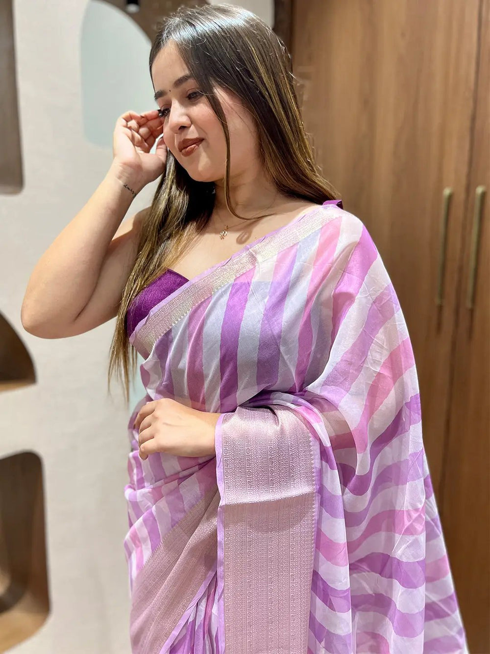 Pastel Pink & Lavender Striped Soft Silk Saree with Woven Zari Border