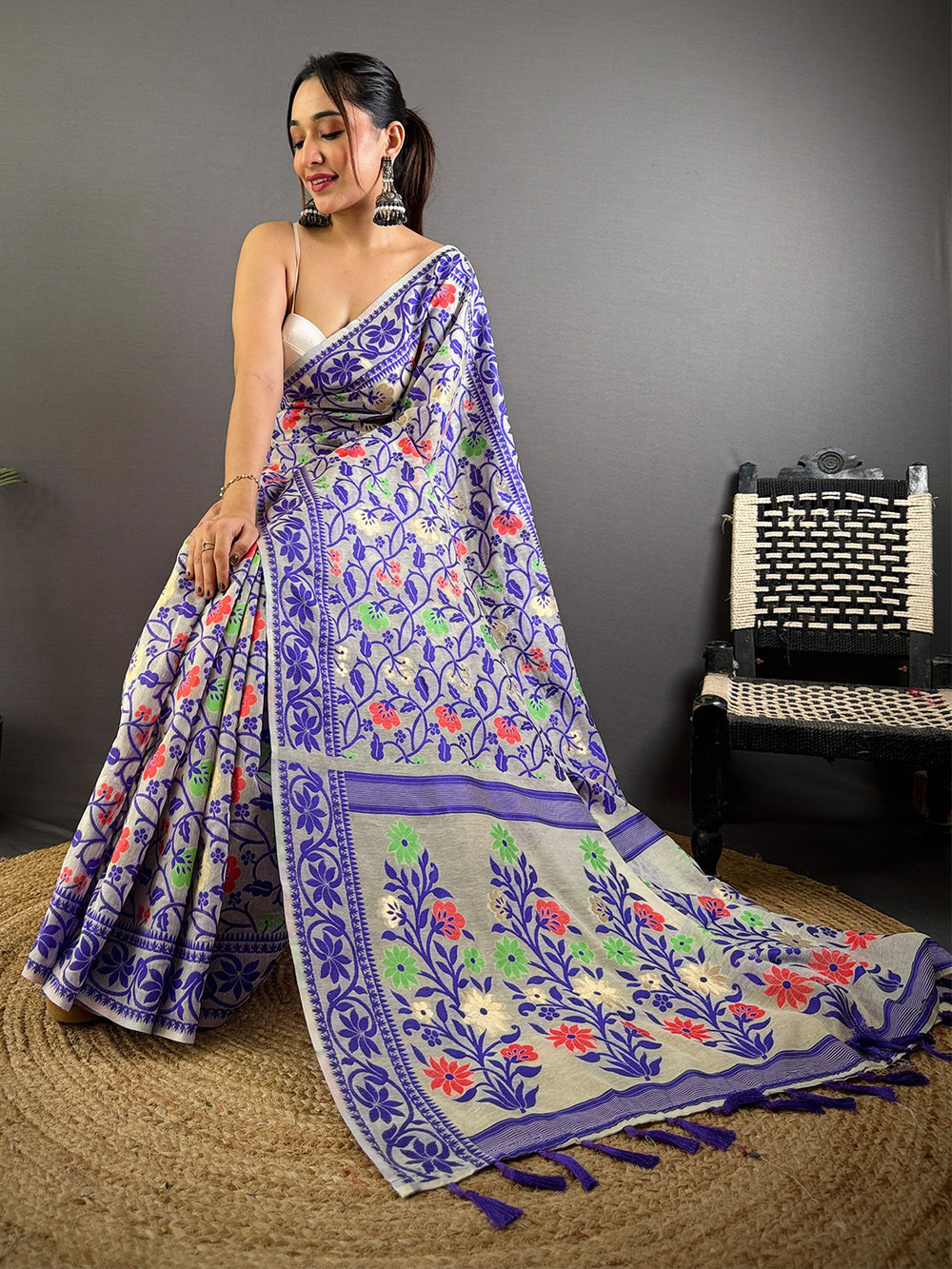 Cream & Purple Soft Cotton Saree with Multicolor Floral Print and Tassel Pallu