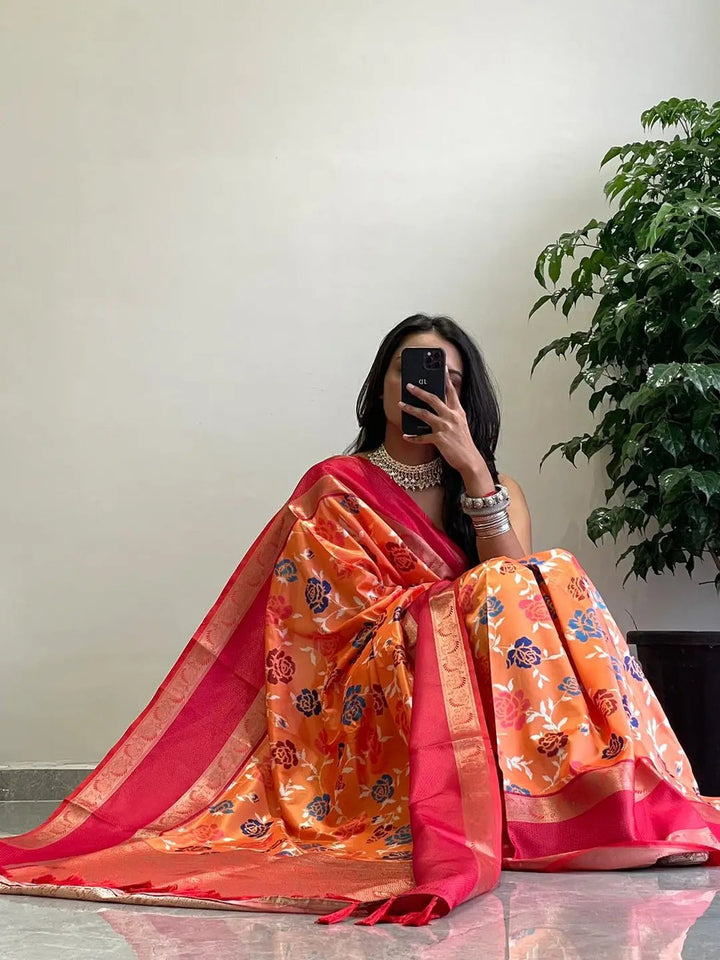 Orange Floral Silk Saree with Red Zari Border & Designer Pallu