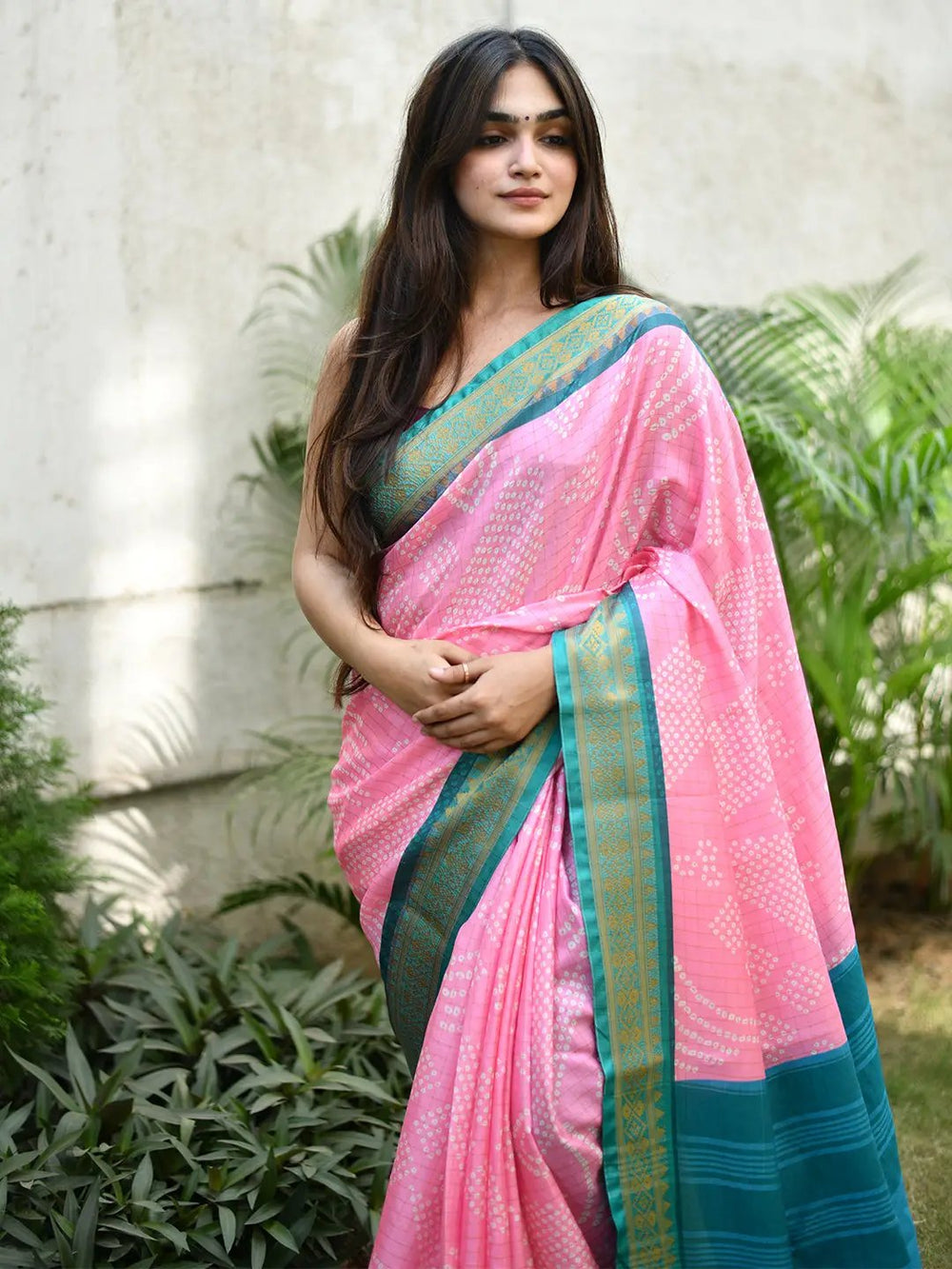 Pink Bandhani Printed Soft Silk Saree with Teal Zari Border & Contrast Pallu
