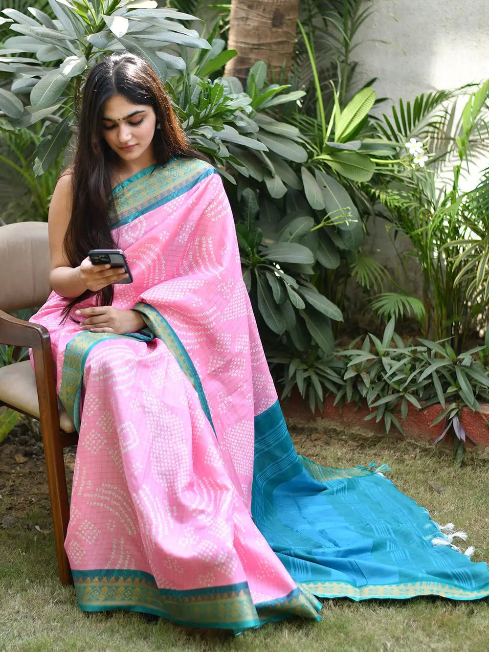 Pink Bandhani Printed Soft Silk Saree with Teal Zari Border & Contrast Pallu