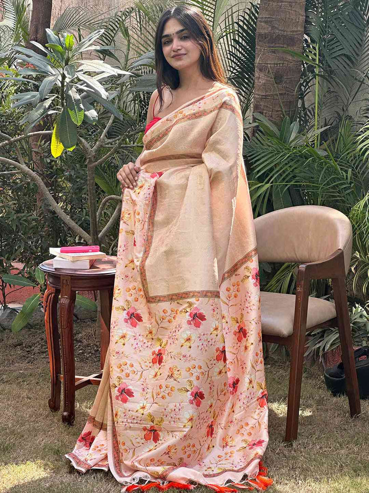 Peach Floral Printed Soft Silk Saree with Woven Gold Border
