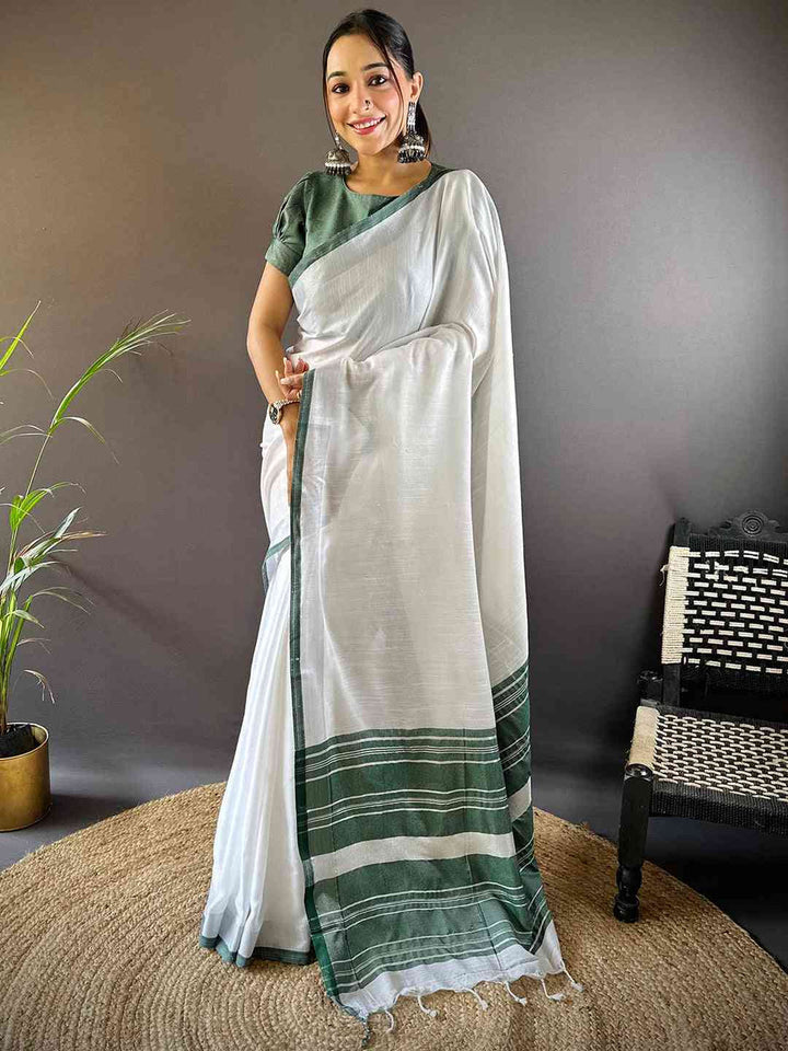 White Soft Cotton Saree with Green Woven Border & Tassel Pallu