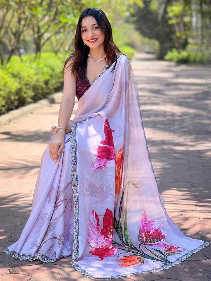 Soft Pastel Pink Linen Silk Saree with Floral Print & Designer Lace Border