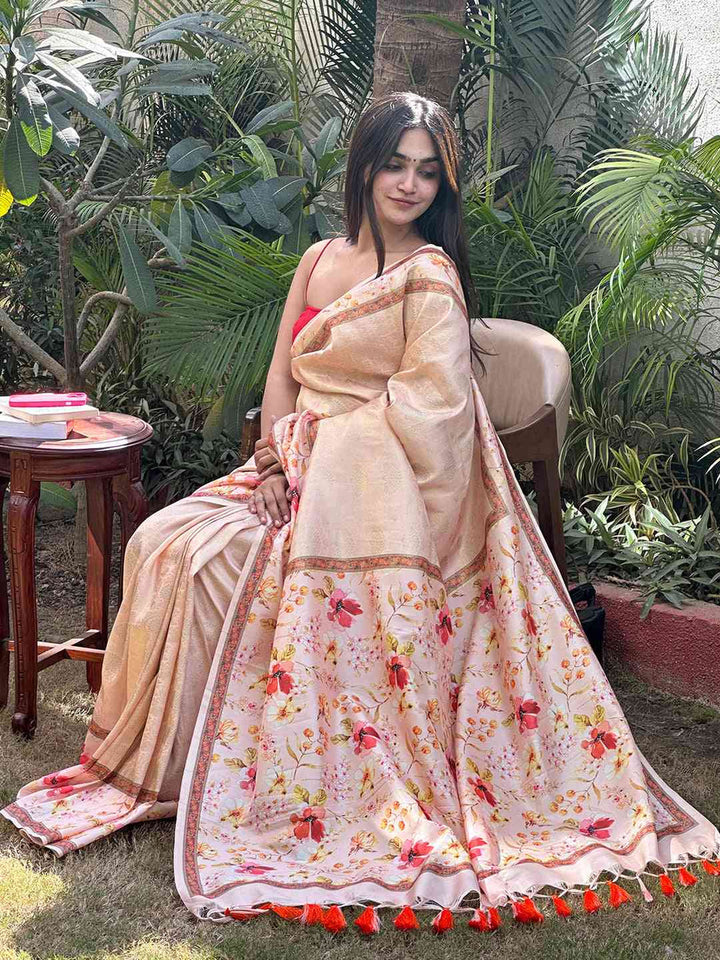 Peach Floral Printed Soft Silk Saree with Woven Gold Border