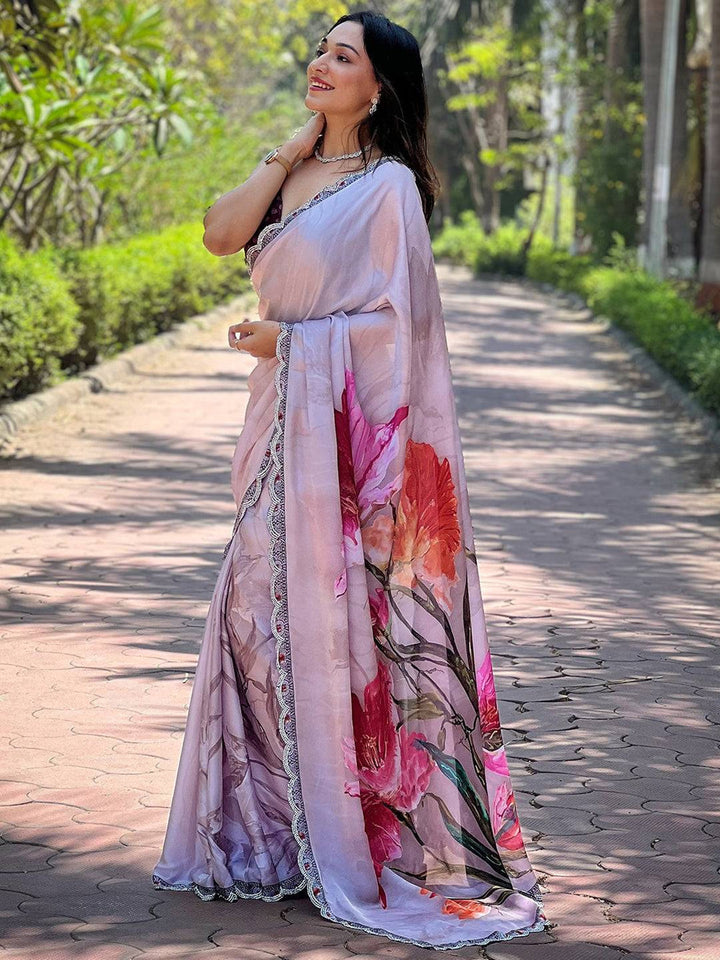 Soft Pastel Pink Linen Silk Saree with Floral Print & Designer Lace Border