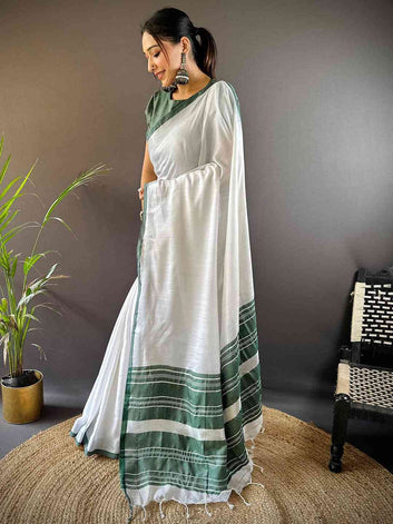 White Soft Cotton Saree with Green Woven Border & Tassel Pallu