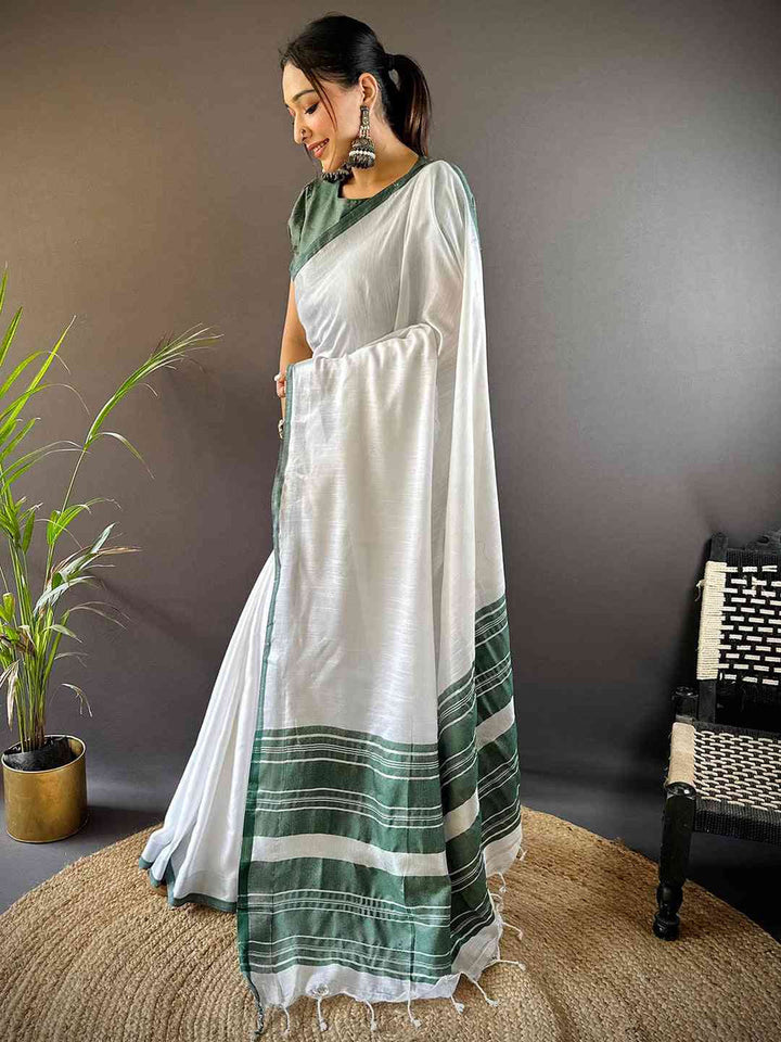 White Soft Cotton Saree with Green Woven Border & Tassel Pallu