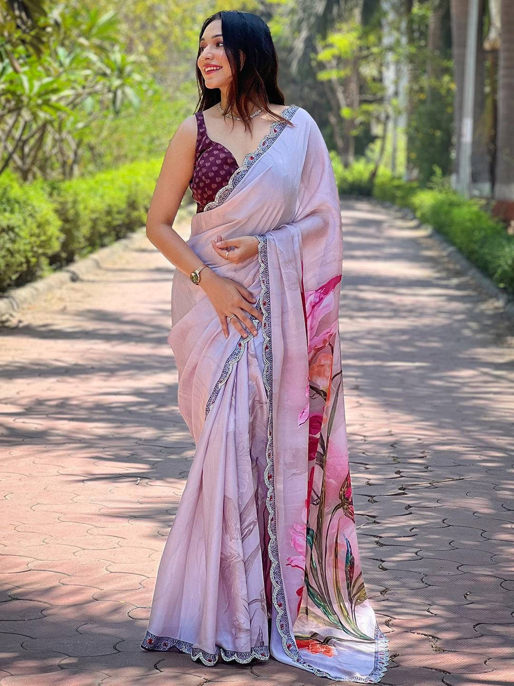 Soft Pastel Pink Linen Silk Saree with Floral Print & Designer Lace Border