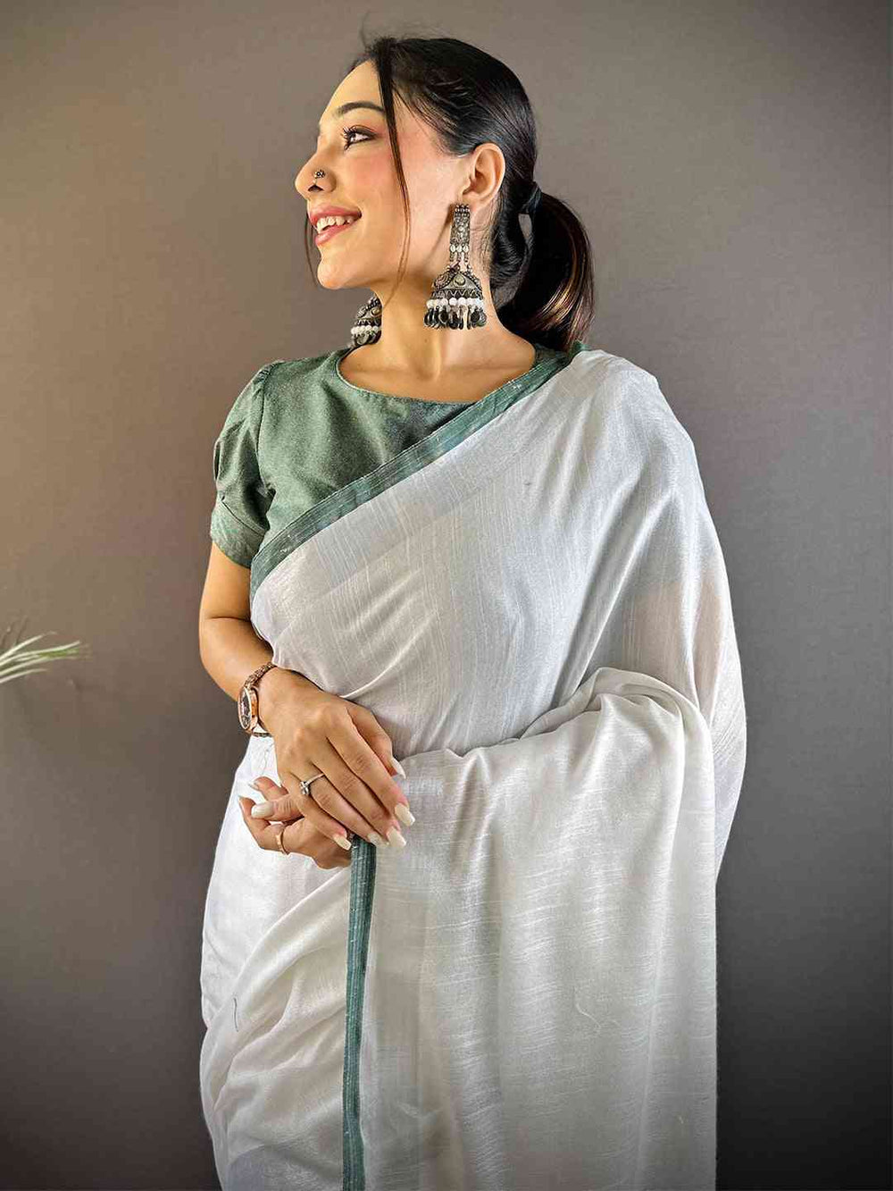 White Soft Cotton Saree with Green Woven Border & Tassel Pallu