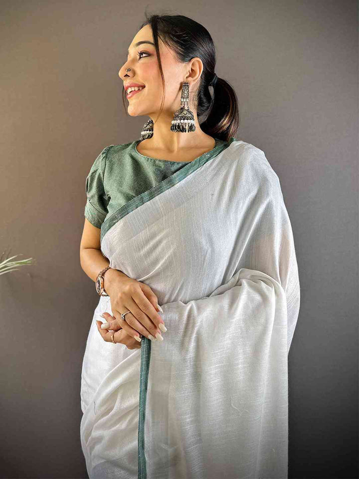 White Soft Cotton Saree with Green Woven Border & Tassel Pallu