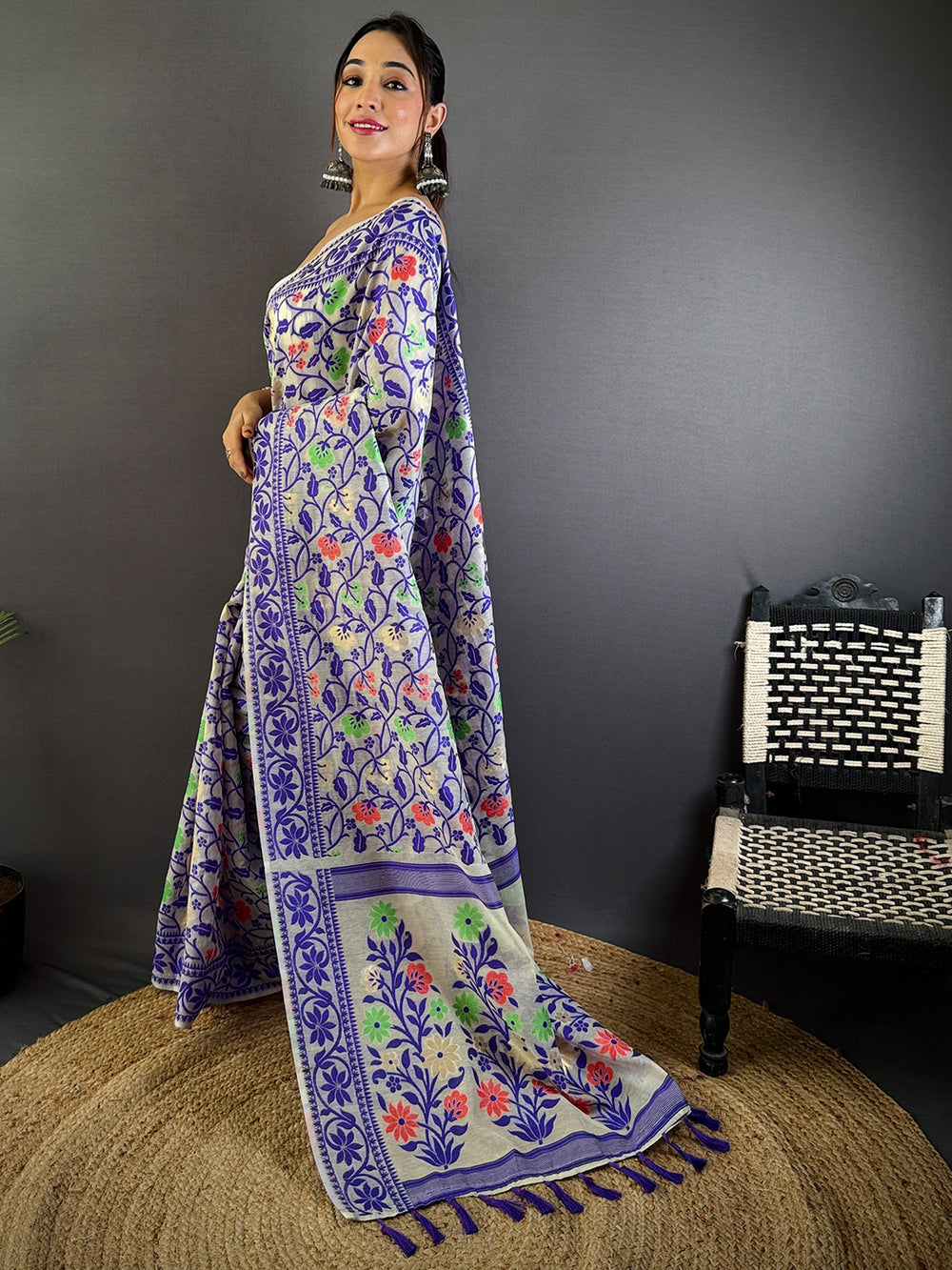 Cream & Purple Soft Cotton Saree with Multicolor Floral Print and Tassel Pallu