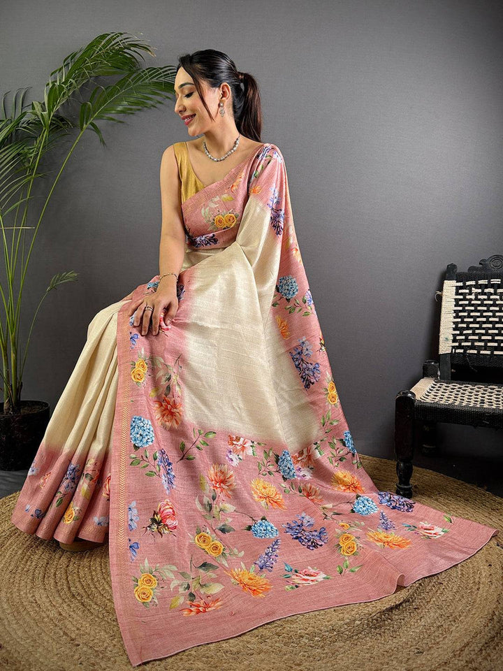 Cream Linen Silk Saree with Peach Floral Border & Digital Print