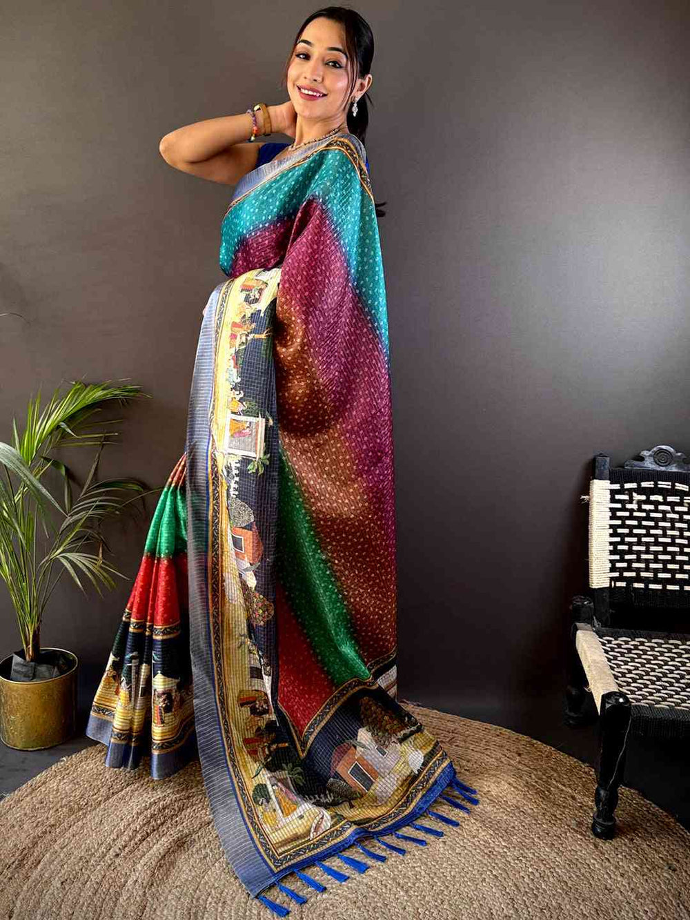 Multicolor Printed Silk Saree with Village Theme Artwork & Rich Designer Pallu