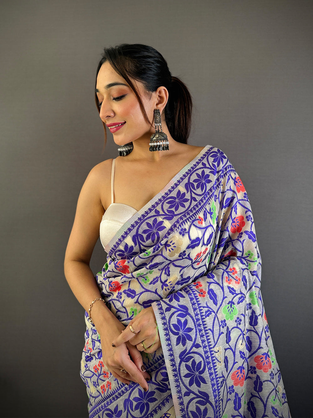 Cream & Purple Soft Cotton Saree with Multicolor Floral Print and Tassel Pallu