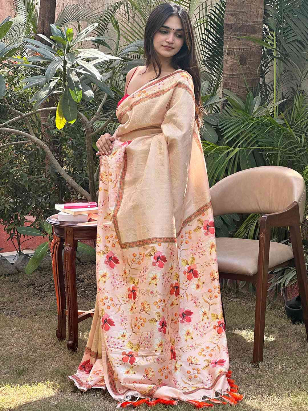 Peach Floral Printed Soft Silk Saree with Woven Gold Border