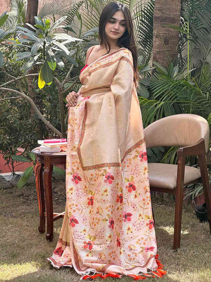 Peach Floral Printed Soft Silk Saree with Woven Gold Border