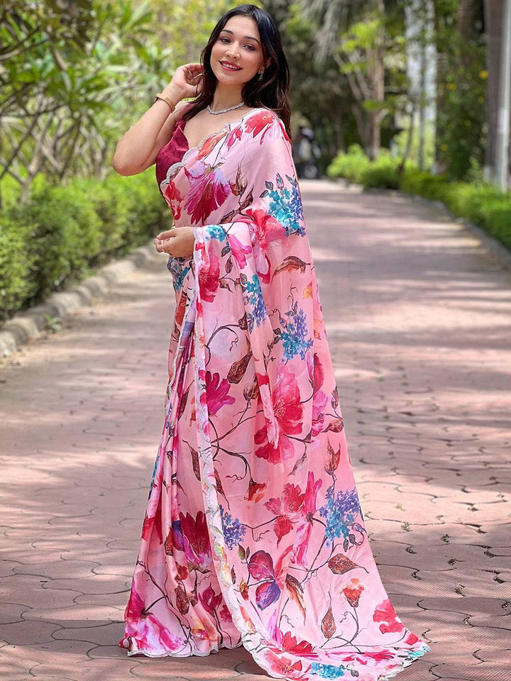 Pink Floral Printed Georgette Saree with Scallop Lace Border