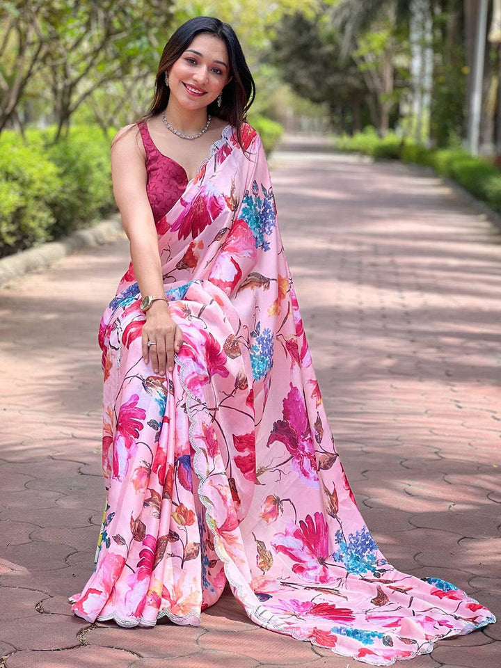 Pink Floral Printed Georgette Saree with Scallop Lace Border