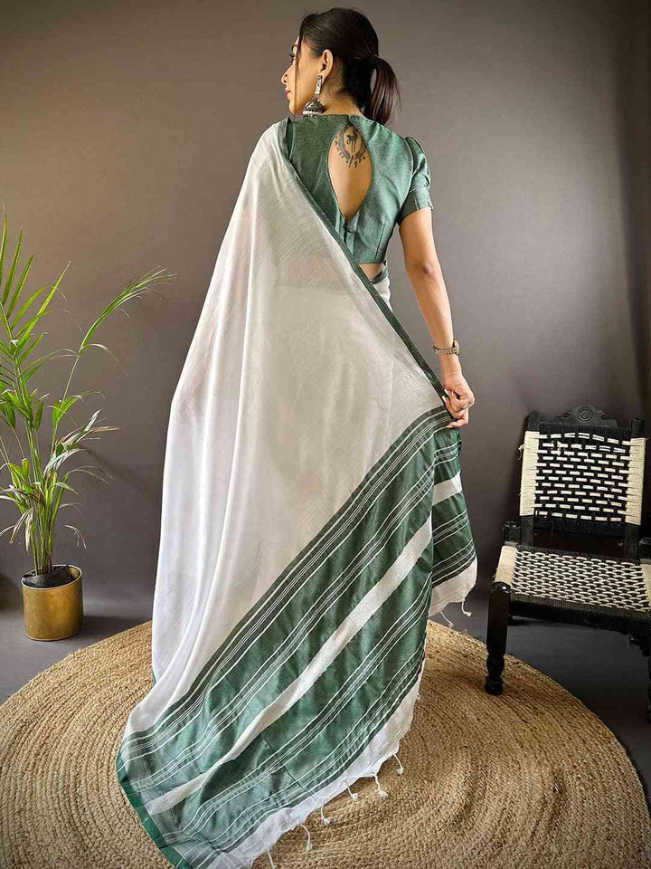White Soft Cotton Saree with Green Woven Border & Tassel Pallu