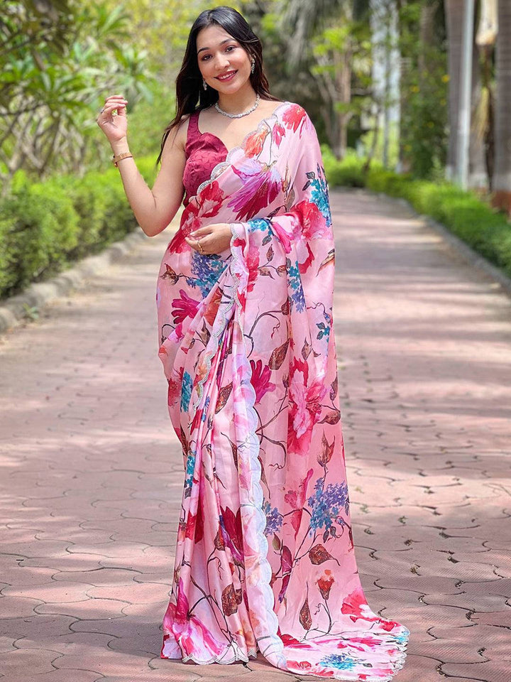 Pink Floral Printed Georgette Saree with Scallop Lace Border