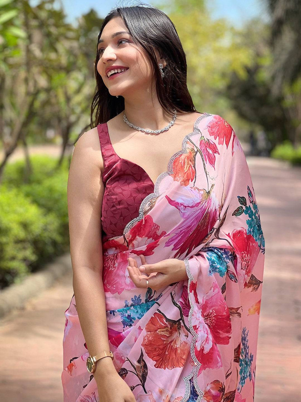 Pink Floral Printed Georgette Saree with Scallop Lace Border