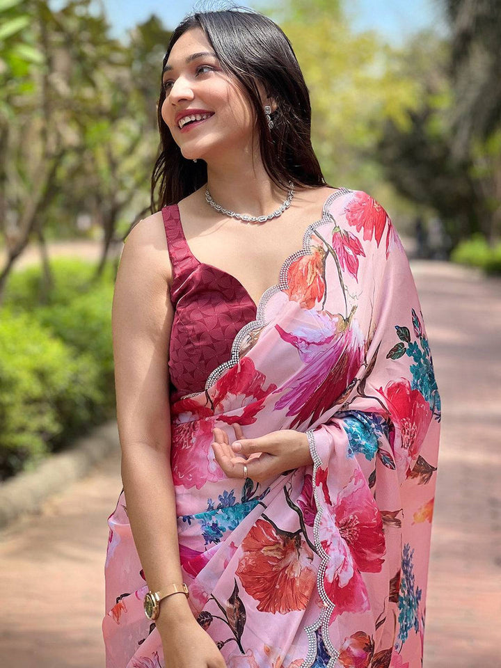 Pink Floral Printed Georgette Saree with Scallop Lace Border