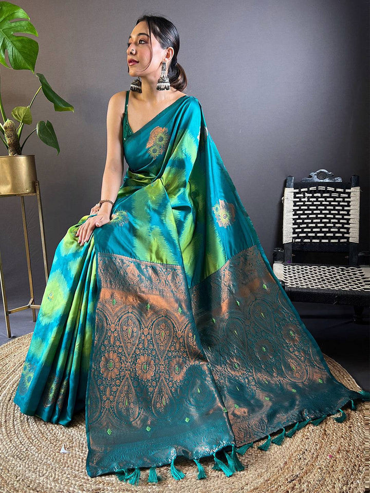 Teal Green & Blue Ikat Silk Saree with Rich Copper Zari Pallu